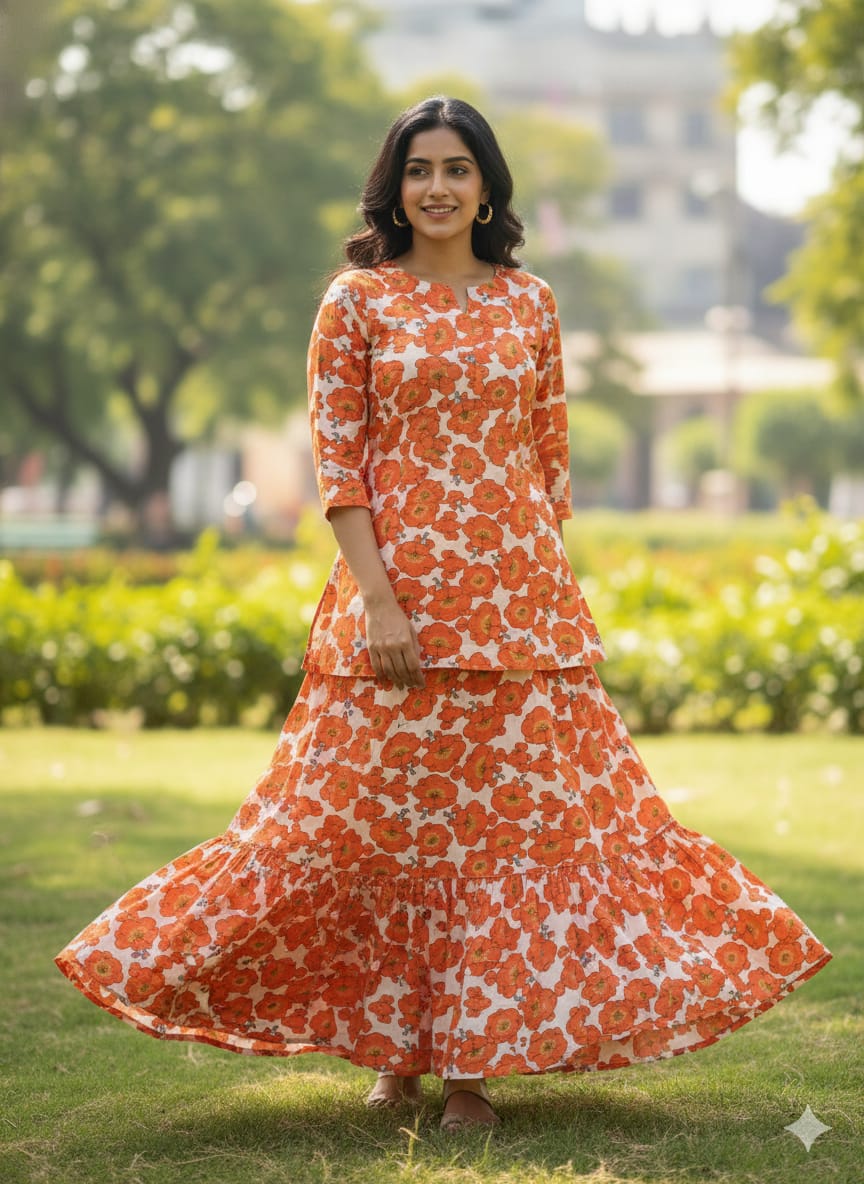 Women’s Orange Floral Printed Cotton Kurta with Flared Skirt Set