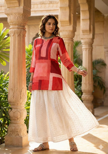 Women’s Red Box Abstract Printed Rayon Kurta with Chikankari Flared Skirt Set