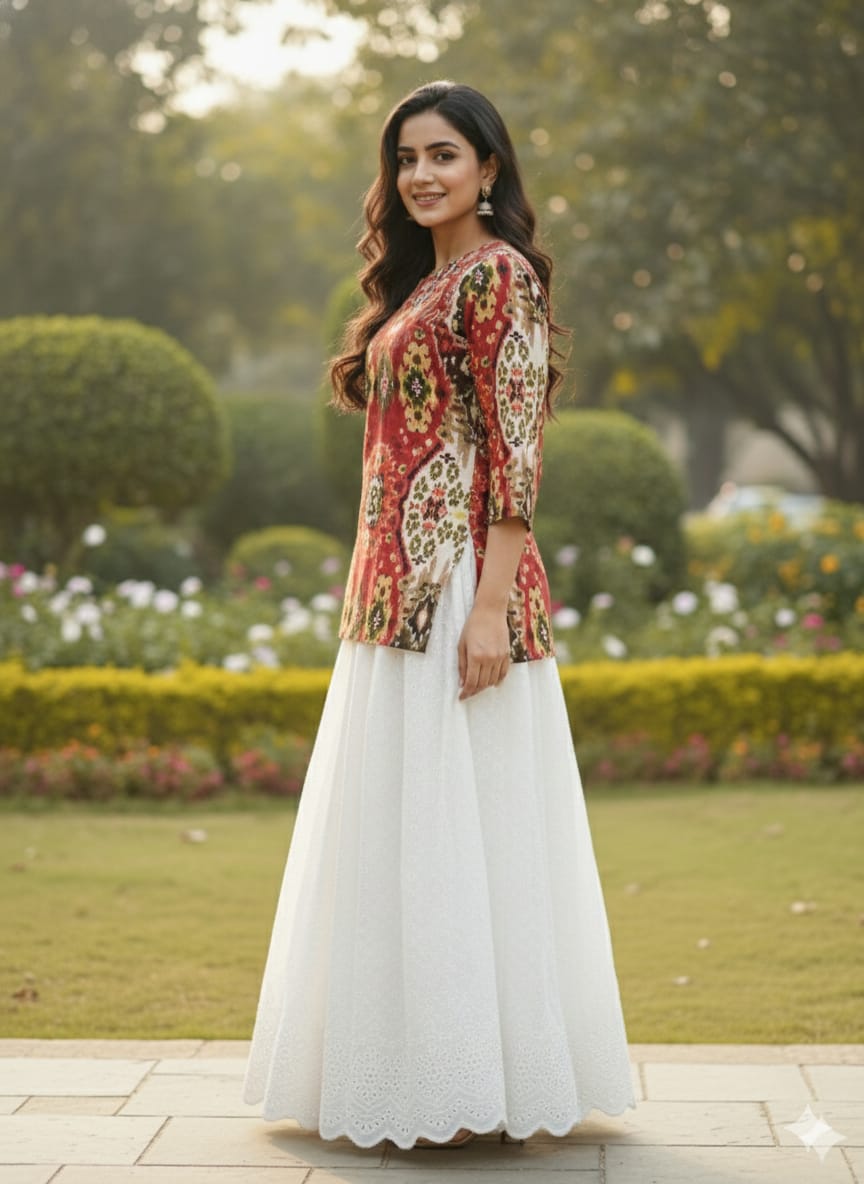 Women’s Red Ikat Print Cotton Kurta with Chikankari Flared Skirt
