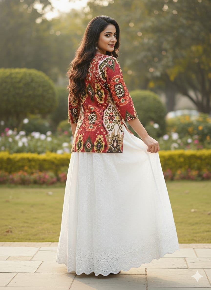 Women’s Red Ikat Print Cotton Kurta with Chikankari Flared Skirt