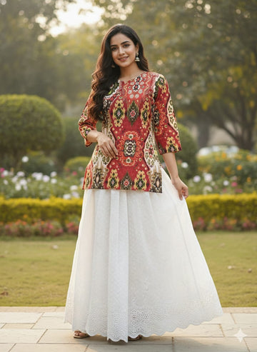 Women’s Red Ikat Print Cotton Kurta with Chikankari Flared Skirt