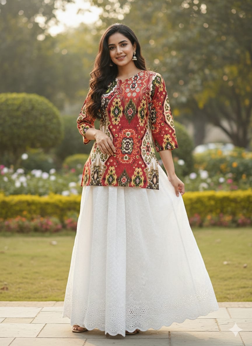 Women’s Red Ikat Print Cotton Kurta with Chikankari Flared Skirt
