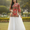 Women’s Red Ikat Print Cotton Kurta with Chikankari Flared Skirt